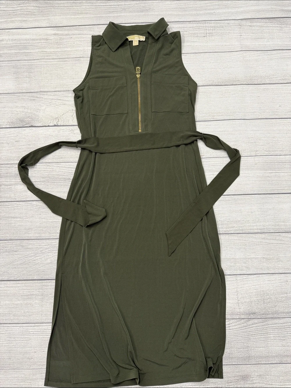 michael kors green shirt dress | Dresses | Michael Kors Olive Zip Front Tie Waist Xs Cut Outs